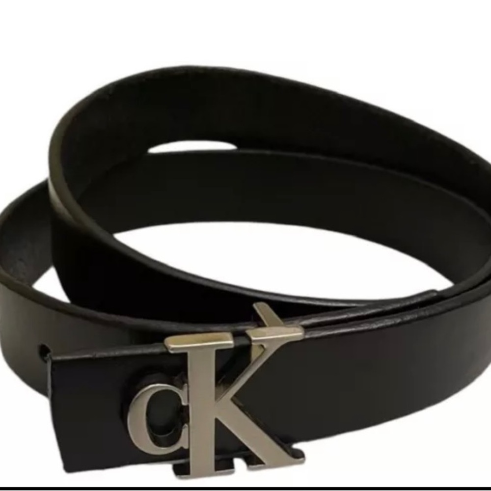 Calvin Klein Black Genuine Harness Leather Vintage CK Logo Belt. SHIPS FREE!